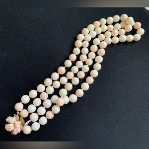 Angel’s Skin Coral Double String Necklace Carve Coral Gold 14K Clasp Vintage 20”